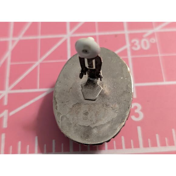 Vintage Large Chunky Bezel Set Jasper Stone Silver Tone Clip On Earrings - Picture 6 of 7